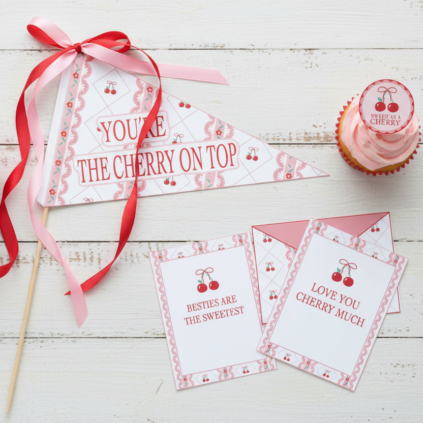 Cherry Sweet Valentine Free Printable Set – Flag, Cupcake Toppers & Cards