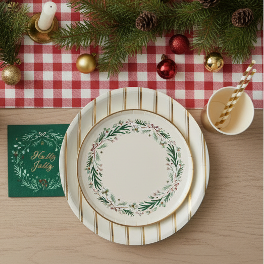 christmas plates cups napkins gold red