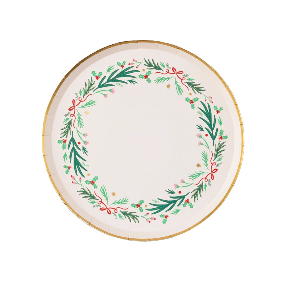 Christmas Wreath & Red Bow Dessert Plates 8” (8 Pack)
