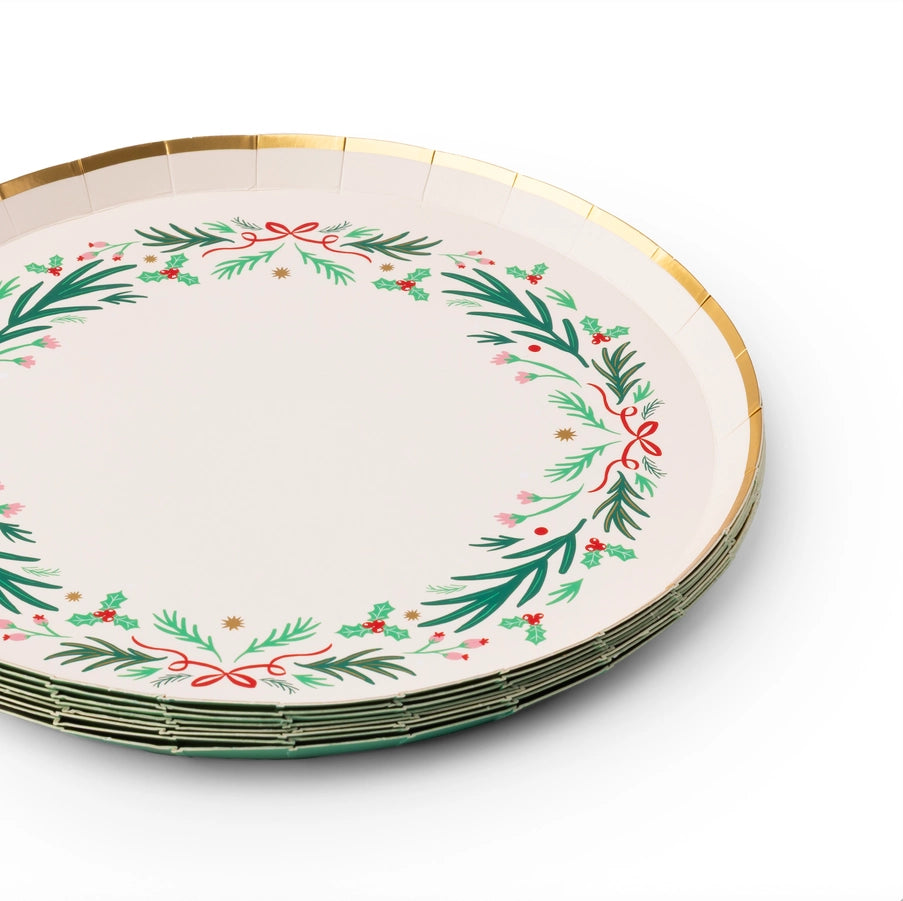 Christmas Wreath & Red Bow Dessert Plates 8” (8 Pack)