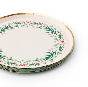 Christmas Wreath & Red Bow Dessert Plates 8” (8 Pack)