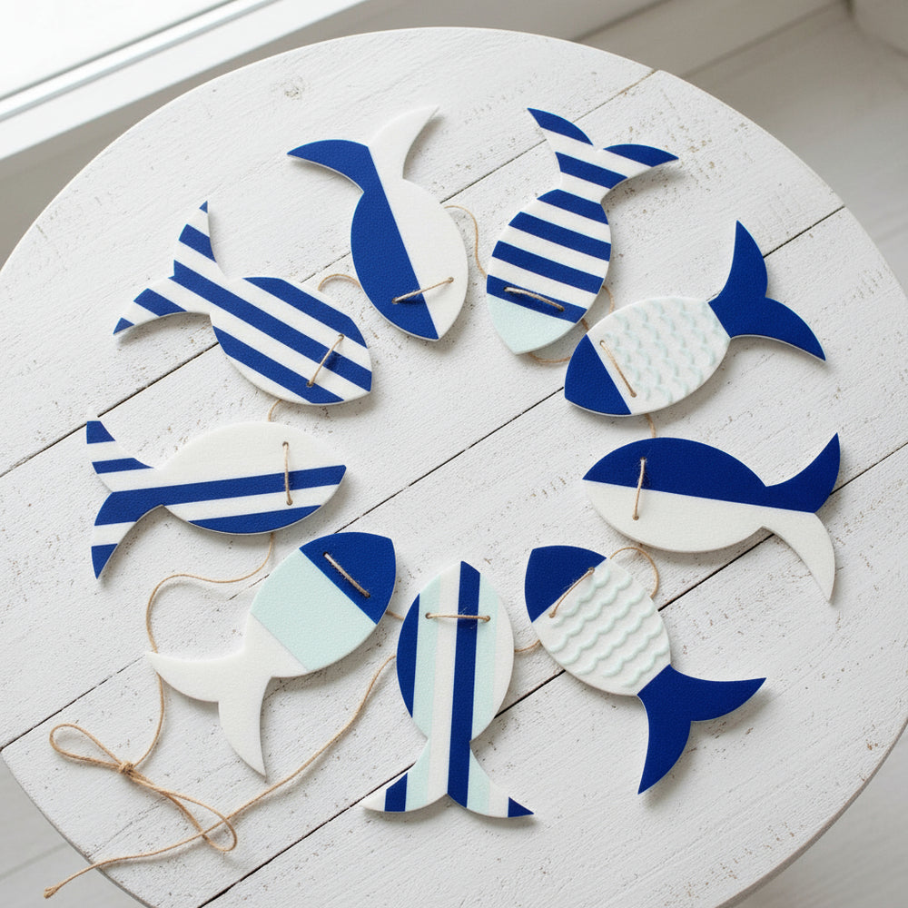White Blue and mint Fish Garland top view in circle - Pooka Party