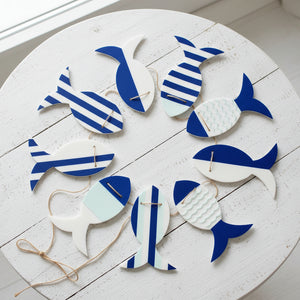 White Blue and mint Fish Garland top view in circle - Pooka Party