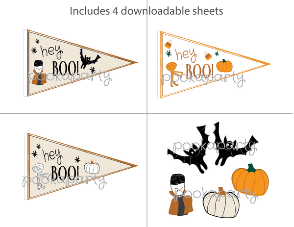 Cute Dracula Mummy Pumpkin Halloween Pennant Flag & Cutout Printables - Pooka Party