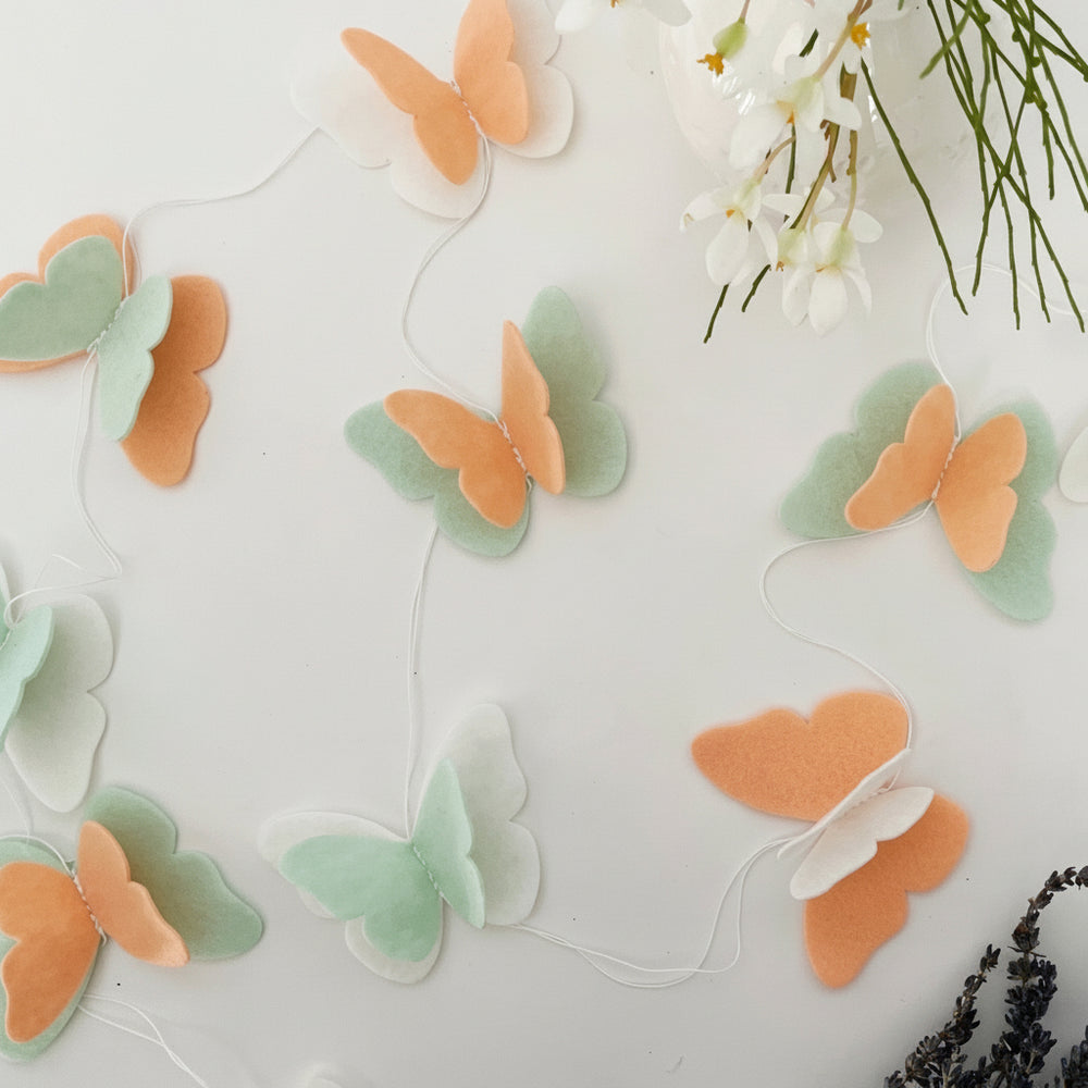 Peach mint felt Butterfly fairy garland for party and room decoration - Pooka Party