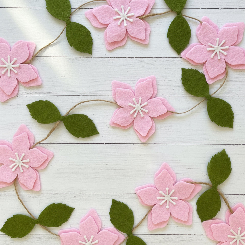 Pink flower garland with green leaves felt - Pooka Party