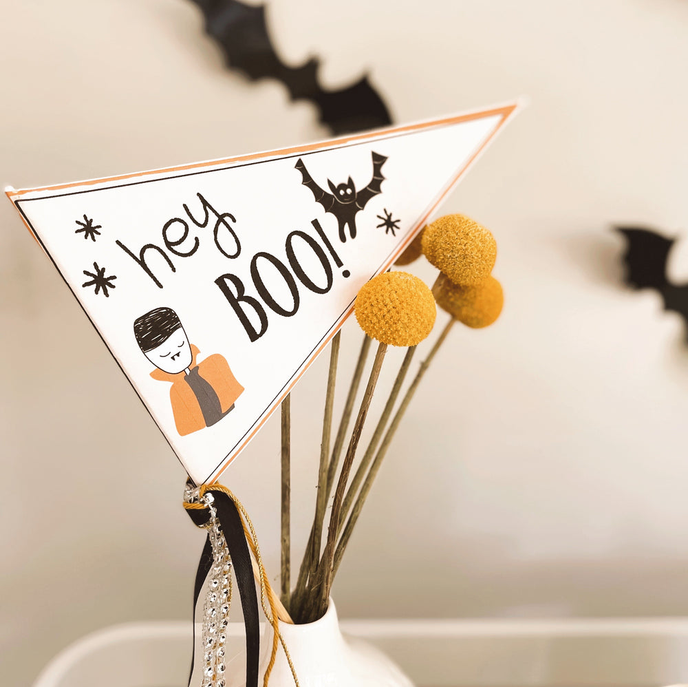 Cute Dracula Mummy Pumpkin Halloween Pennant Flag & Cutout Printables - Pooka Party