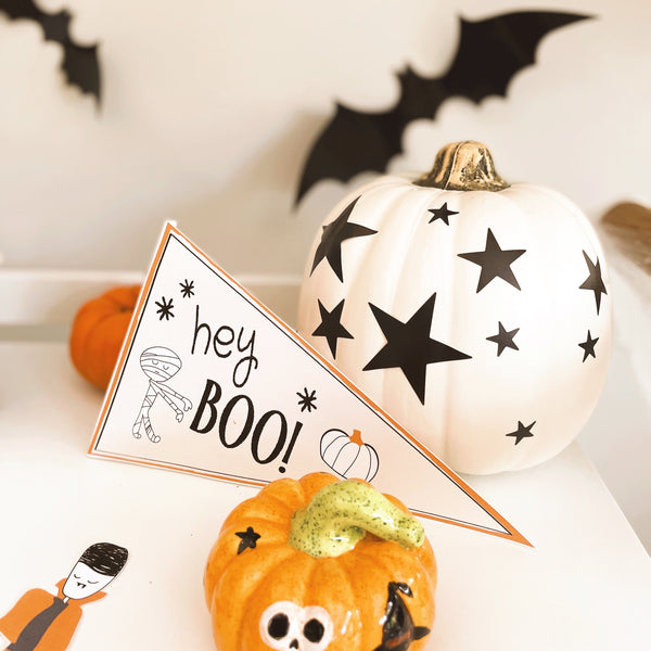 Cute Dracula Mummy Pumpkin Halloween Pennant Flag & Cutout Printables - Pooka Party